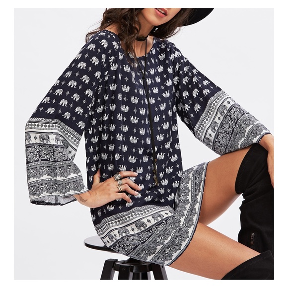 MBM Unlimited Dresses & Skirts - Blue 3/4 Sleeve Elephant Print Shift Boho Dress